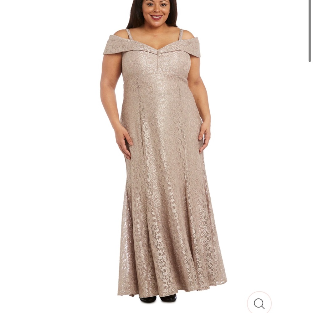 R&M Richard’s Off the Shoulder Fishtail Evening Gown with Full Body Shimmer Lace